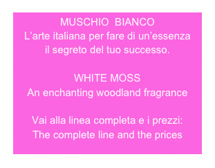 MUSCHIO  BIANCO
L’arte italiana per fare di un’essenza 
il segreto del tuo successo.

WHITE MOSS An enchanting woodland fragrance

Vai alla linea completa e i prezzi:
The complete line and the prices