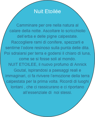 
Nuit Etoilée

Camminare per ore nella natura al calare della notte. Ascoltare lo scricchiolio dell’erba e delle pigne calpestate.
Raccogliere rami di conifere, spezzarli e sentirne l’odore resinoso sulla punta delle dita. Poi sdraiarsi per terra e godersi il chiaro di luna, come se si fosse soli al mondo.
NUIT ETOILEE, il nuovo profumo di Annick Goutal, ispirandosi a paesaggi reali e immaginari, ci fa rivivere l’emozione della terra calpestata per la prima volta. Ricordi di luoghi lontani , che ci rassicurano e ci riportano all’essenziale di  noi stessi. 
