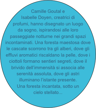 
Camille Goutal e Isabelle Doyen, creatrici di profumi, hanno disegnato un luogo da sogno, ispirandosi alle loro passeggiate notturne nei grandi spazi incontaminati. Una foresta maestosa dove le cascate scorrono tra gli alberi, dove gli effluvi aromatici riscaldano la pelle, dove i ciottoli formano sentieri segreti, dove il brivido dell’immensità si associa alle serenità assoluta, dove gli astri illuminano l’istante presente.
Una foresta incantata, sotto un cielo stellato...