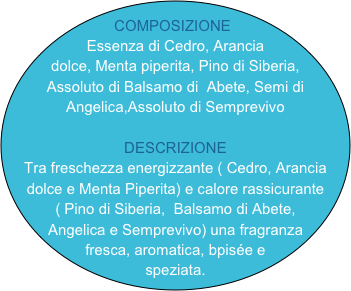 COMPOSIZIONE
Essenza di Cedro, Arancia dolce, Menta piperita, Pino di Siberia, Assoluto di Balsamo di  Abete, Semi di Angelica,Assoluto di Semprevivo

DESCRIZIONE
Tra freschezza energizzante ( Cedro, Arancia dolce e Menta Piperita) e calore rassicurante ( Pino di Siberia,  Balsamo di Abete,  Angelica e Semprevivo) una fragranza fresca, aromatica, bpisée e speziata.