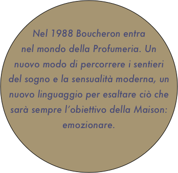 Nel 1988 Boucheron entra nel mondo della Profumeria. Un nuovo modo di percorrere i sentieri del sogno e la sensualità moderna, un nuovo linguaggio per esaltare ciò che sarà sempre l’obiettivo della Maison: emozionare. 
