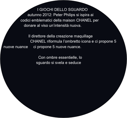 
I GIOCHI DELLO SGUARDO
autunno 2012: Peter Philips si ispira ai codici emblematici della maison CHANEL per 
        donare al viso un’intensità nuova.

                   Il direttore della creazione maquillage
                       CHANEL riformula l’ombretto icona e ci propone 5 nuove nuance     ci propone 5 nuove nuance.

                                  Con ombre essentielle, lo 
                                sguardo si svela e seduce
