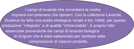 
I campi di lavanda che circondano la nostra impresa non potevano che ispirarci. Con la collezione Lavande, Durance ha fatto una scelta strategica: locale e bio. Infatti, per questa produzione ‘‘integrata’’ e di qualità ‘‘rintracciabile’’, è proprio l’olio essenziale proveniente dai campi di lavanda biologica
di Grignan che è stato selezionato per rientrare nella composizione di ciascun prodotto.  