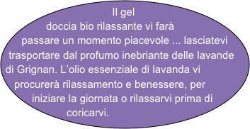 Il gel doccia bio rilassante vi farà passare un momento piacevole ... lasciatevi trasportare dal profumo inebriante delle lavande di Grignan. L’olio essenziale di lavanda vi procurerà rilassamento e benessere, per iniziare la giornata o rilassarvi prima di coricarvi.   