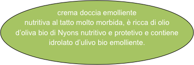 crema doccia emolliente nutritiva al tatto molto morbida, è ricca di olio d’oliva bio di Nyons nutritivo e protetivo e contiene idrolato d’ulivo bio emolliente.
