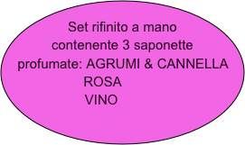 Set rifinito a mano contenente 3 saponette profumate: AGRUMI & CANNELLA
                    ROSA
                 VINO
