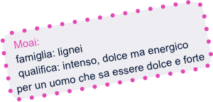 Moai:
  famiglia: lignei
  qualifica: intenso, dolce ma energico per un uomo che sa essere dolce e forte
