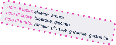 note di testa: aldeide, ambra
  note di cuore: tuberosa, giacinto
  note di fondo: vaniglia, girasole, gardenia, gelsomino