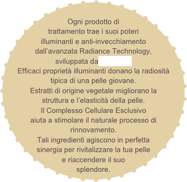 
Ogni prodotto di trattamento trae i suoi poteri illuminanti e anti-invecchiamento dall’avanzata Radiance Technology, sviluppata da La Prairie
Efficaci proprietà illuminanti donano la radiosità
tipica di una pelle giovane.
Estratti di origine vegetale migliorano la
struttura e l’elasticità della pelle.
Il Complesso Cellulare Esclusivo
aiuta a stimolare il naturale processo di rinnovamento. 
Tali ingredienti agiscono in perfetta sinergia per rivitalizzare la tua pelle e riaccendere il suo splendore. 

 