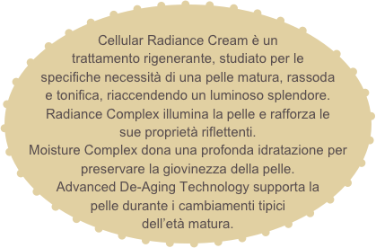 
Cellular Radiance Cream è un trattamento rigenerante, studiato per le specifiche necessità di una pelle matura, rassoda e tonifica, riaccendendo un luminoso splendore.
Radiance Complex illumina la pelle e rafforza le
sue proprietà riflettenti.
Moisture Complex dona una profonda idratazione per preservare la giovinezza della pelle.
Advanced De-Aging Technology supporta la
pelle durante i cambiamenti tipici dell’età matura. 




