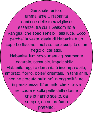 
Sensuale, unico, ammaliante... Habanita contiene delle meravigliose essenze, tra cui il Gelsomino e Vaniglia, che sono sensibili alla luce. Ecco perche’ la veste ideale di Habanita è un superbo flacone smaltato nero scolpito di un fregio di cariatidi.
Habanita, luminoso, meravigliosamente naturale, sensuale, impalpabile...
Habanita, oggi e domani...è incomparabile, ambrato, fiorito, boise’ orientale. In tanti anni, non ha perduto nulla ne’ in originalità, ne’ in persistenza. E’ un mito che si trova nel cuore e sulla pelle della donne che lo hanno scelto, da sempre, come profumo preferito.