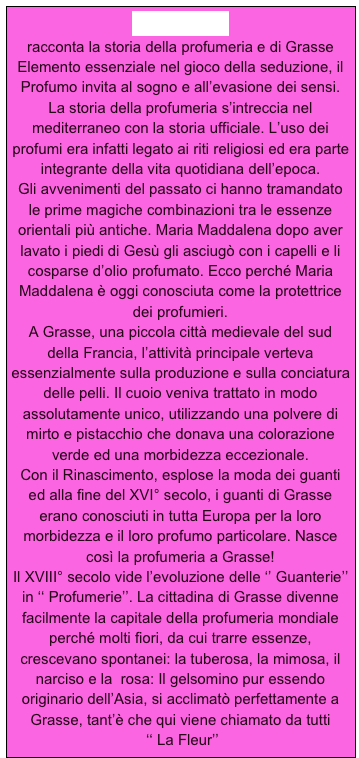 MOLINARD 
racconta la storia della profumeria e di Grasse
Elemento essenziale nel gioco della seduzione, il Profumo invita al sogno e all’evasione dei sensi.
La storia della profumeria s’intreccia nel mediterraneo con la storia ufficiale. L’uso dei profumi era infatti legato ai riti religiosi ed era parte integrante della vita quotidiana dell’epoca.
Gli avvenimenti del passato ci hanno tramandato le prime magiche combinazioni tra le essenze orientali più antiche. Maria Maddalena dopo aver lavato i piedi di Gesù gli asciugò con i capelli e li cosparse d’olio profumato. Ecco perché Maria Maddalena è oggi conosciuta come la protettrice dei profumieri.
A Grasse, una piccola città medievale del sud della Francia, l’attività principale verteva essenzialmente sulla produzione e sulla conciatura delle pelli. Il cuoio veniva trattato in modo assolutamente unico, utilizzando una polvere di mirto e pistacchio che donava una colorazione verde ed una morbidezza eccezionale.
Con il Rinascimento, esplose la moda dei guanti ed alla fine del XVI° secolo, i guanti di Grasse erano conosciuti in tutta Europa per la loro morbidezza e il loro profumo particolare. Nasce così la profumeria a Grasse!
Il XVIII° secolo vide l’evoluzione delle ‘’ Guanterie’’ in ‘‘ Profumerie’’. La cittadina di Grasse divenne facilmente la capitale della profumeria mondiale perché molti fiori, da cui trarre essenze, crescevano spontanei: la tuberosa, la mimosa, il narciso e la  rosa: Il gelsomino pur essendo originario dell’Asia, si acclimatò perfettamente a  Grasse, tant’è che qui viene chiamato da tutti 
 ‘‘ La Fleur’’   



